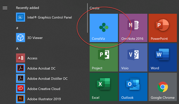 Construction Viz added to the Start menu in Windows 10