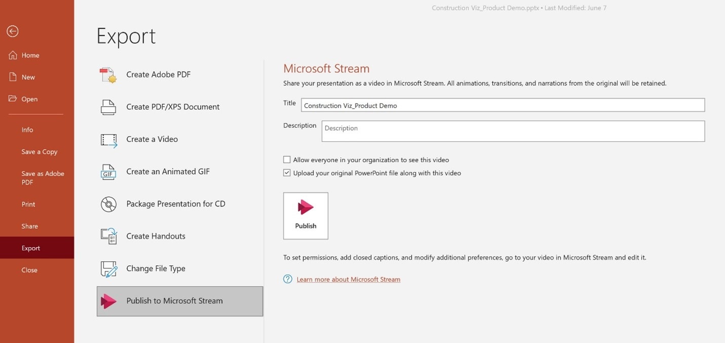 PowerPoint Publish to Stream menu