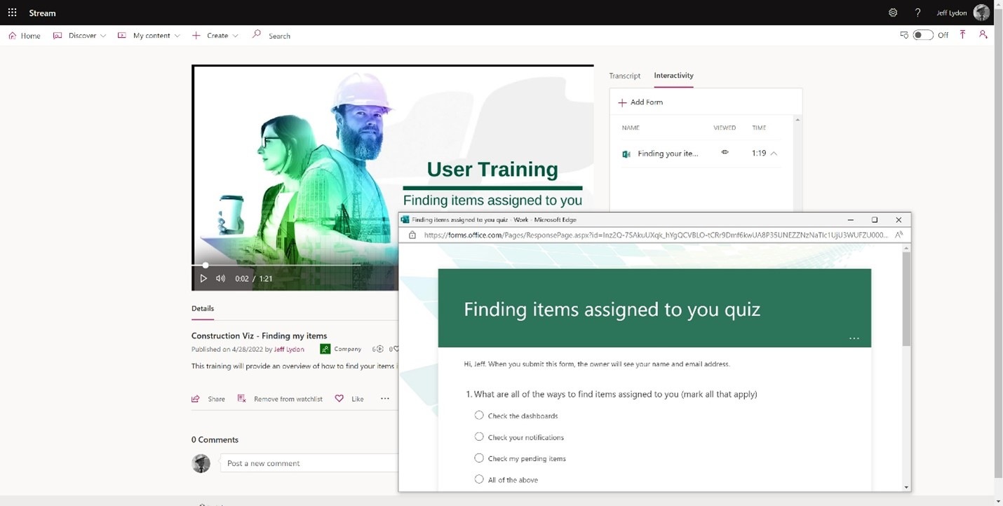 Microsoft Forms quiz added to Stream training