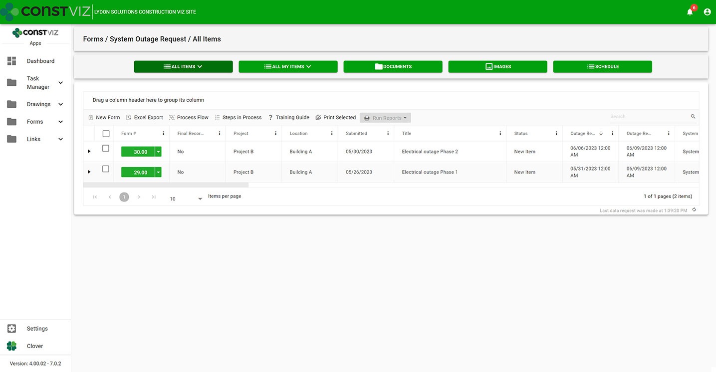 Construction Viz System Outage Request app All Items List (“Form Log”) View